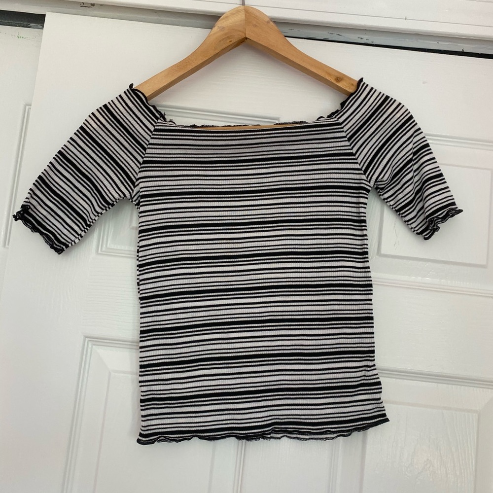 off the shoulder stripped top with ruffle edges
